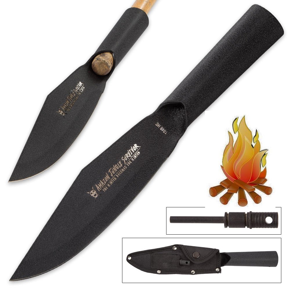 Jungle Survivor Spearhead Knife Carbon Steel Blade w/Fire Starter Rod