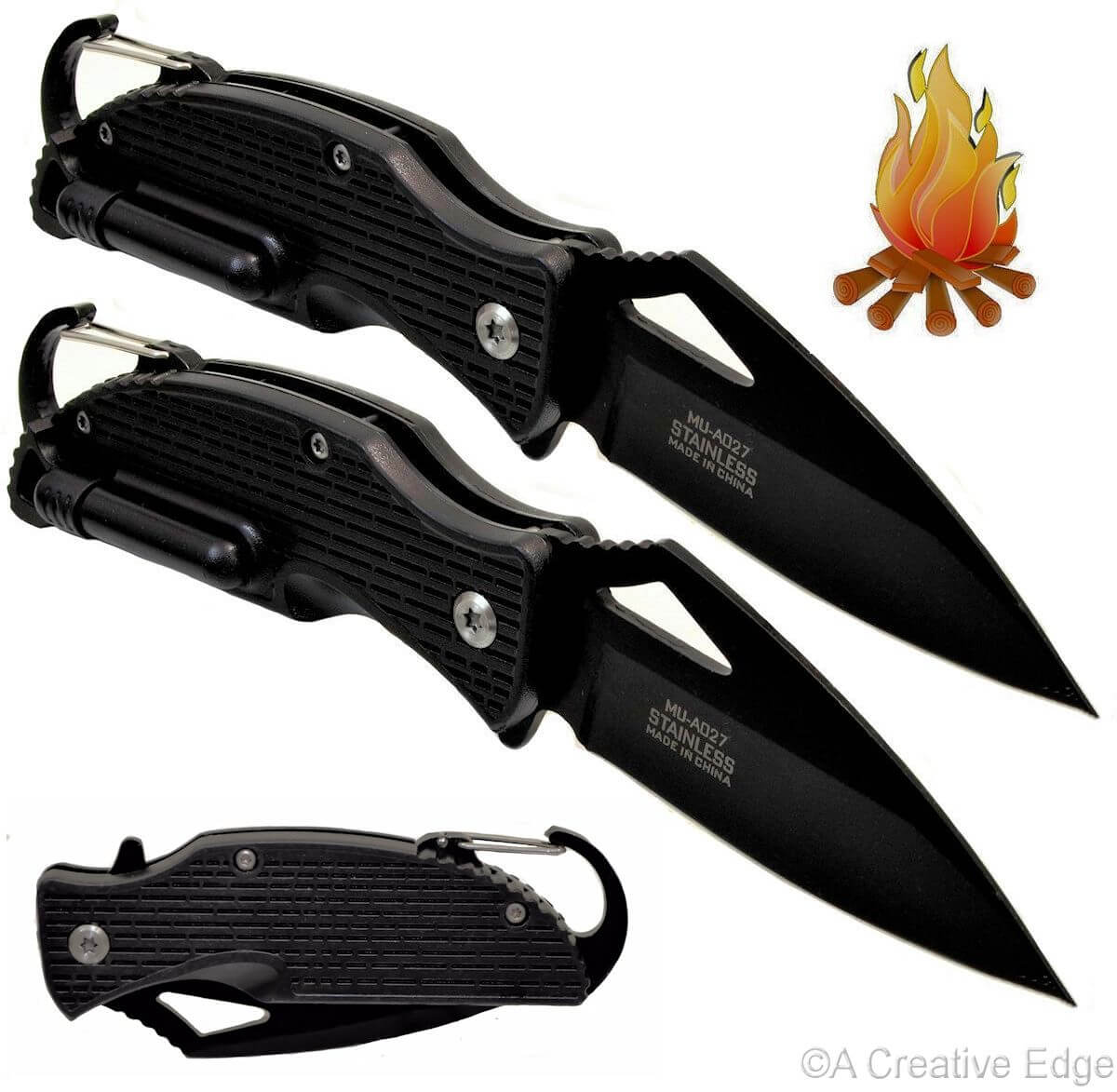 Two Assessed Opening Folding Pocket Knives w/Survival Emergency Fire
